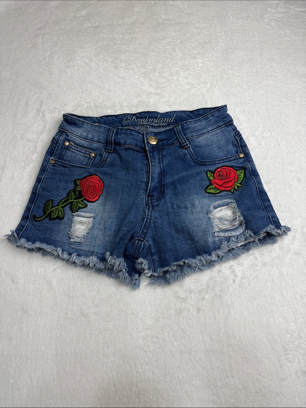 Blue Distressed Rose Patch Women's Shorts